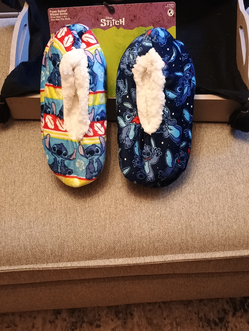 Disney Kids Stitch Plush Slipper Socks - Light Blue, Yellow & Navy